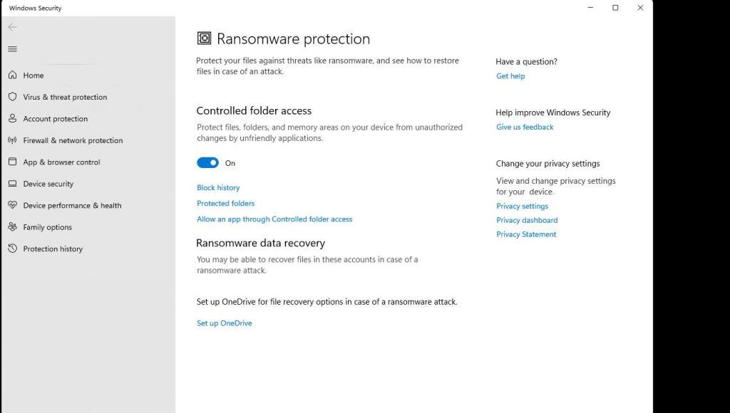Windows 11 Ransomware Protected folders ON