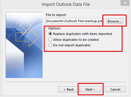 outlook import data setting